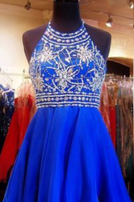 Luxury Royal Blue Homecoming Dress,sexy Backless Party Dress, Halter Short Prom Dress,custom Homecoming Dresses