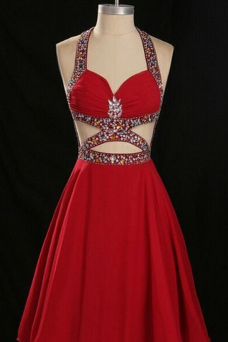 Sexy Red Homecoming Dresses, Backless Prom Dresses, Halter Homecoming Dresses, Sexy Homecoming Dresses, Beading Custom Prom Dresses
