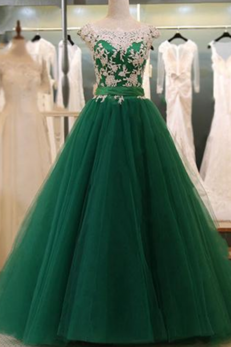 Cap Sleeves Dark Green Prom Dress With Lace,prom Dresses,evening Gown,floor Length Long Prom Dresses