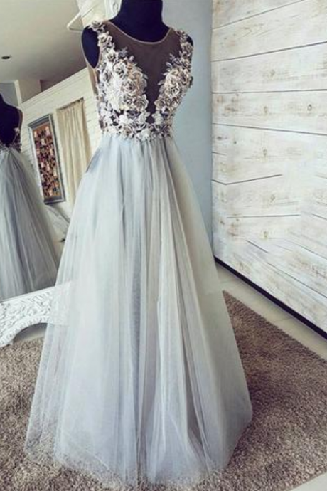 Illusion Neck Long Grey Prom Dress,evening Gown,floor Length Long Prom Dresses