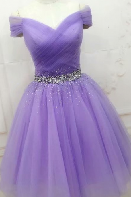 Purple tulle lace short prom dress, purple evening dress – shdress