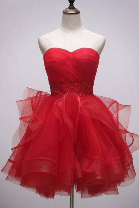 Beautiful Red Tulle Short Sweetheart Homecoming Dress, Lace-up Teen Party Dress, Tea Formal Dress