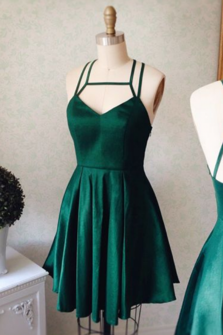 Forest Green Satin Plunge V Strappy Short Ruffled Skater Homecoming Dress Featuring Open Back