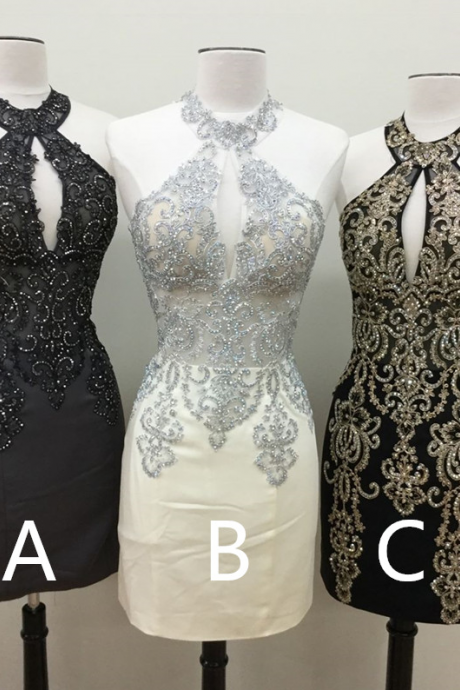 Halter Prom Dress Short,embroidery Dress,short Homecoming Dress,elegant Cocktail Dresses