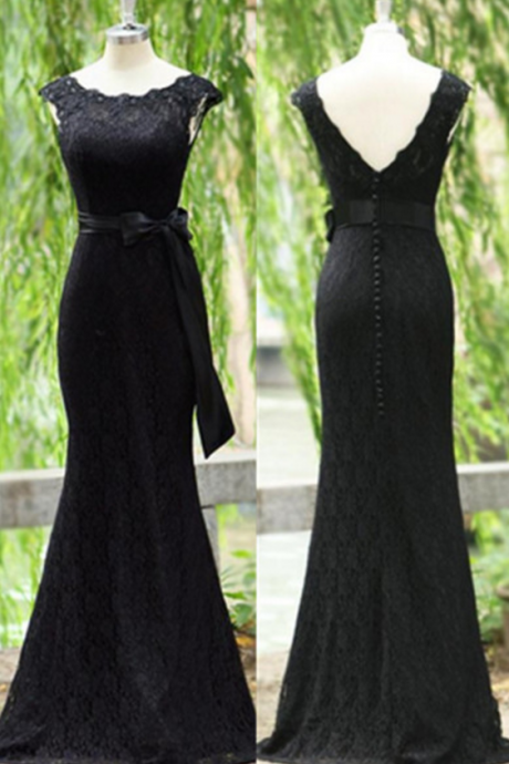Custom Made Black Sleeveless Lace Floor Length Evening Dress, Prom Dress With Button Back Detailing And Ribbon