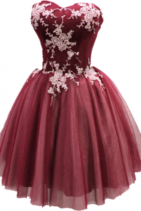  Short Burgundy Tulle Homecoming Dress with White Applique, Cute Party Dress 2018, Sweetheart Homecoming Dresses