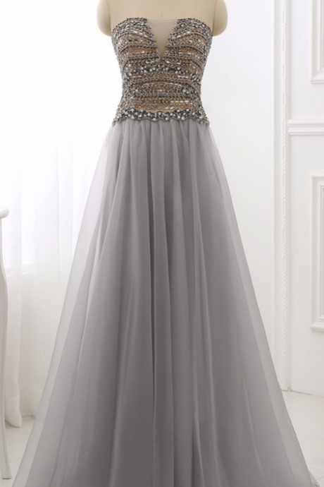 A Line Chiffon Beading Gray Evening Dress Strapless Off The Shoulder Lace-up Back Prom Party Dress