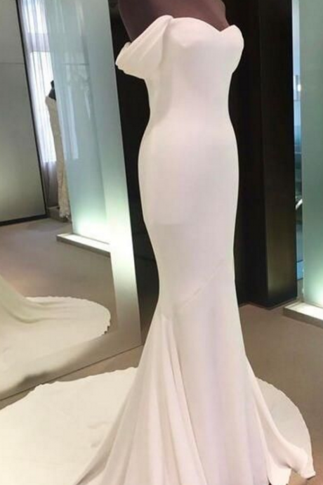 off shoulder backless prom gown, White Cheap prom dress,mermaid long prom dress,spandex evening gowns