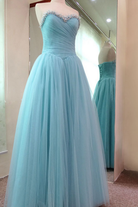 Blue Princess Prom Dresses,beaded Neckline Lace-up Back Prom Dresses