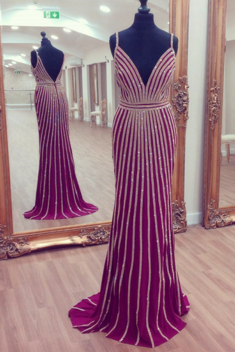 V Neck Prom Dress,mermaid Prom Dress,gold Beaded Evening Dress,luxury Evening Gowns,couture Dress,pageant Gowns,purple Prom Dress