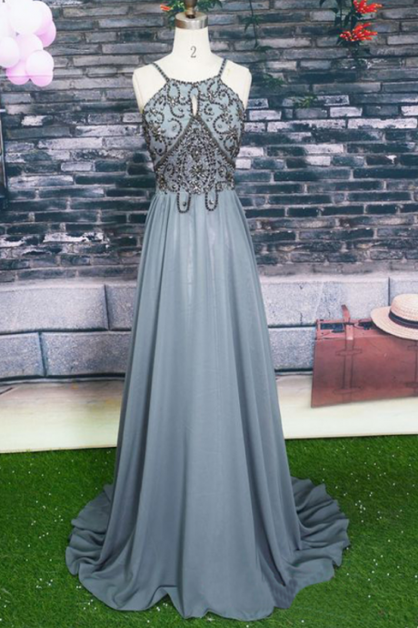 Halter Grey Beaded Prom Dress,long Beading Prom Dresses