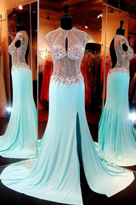 Mermaid Prom Dresses, Luxuriours High Neck Baby Blue Split Open Back Sweep Train Prom Dress with Beading