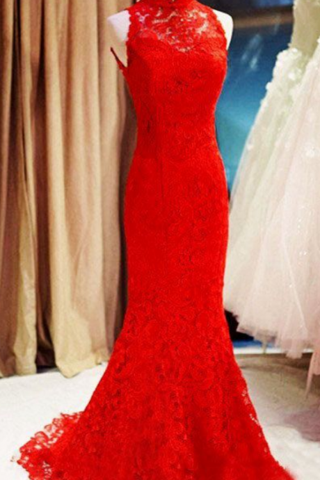 Modest Prom Dress,Lace Prom Dress ,Long Mermaid Prom Dresses,Red Evening Dress,Sexy Evening Dresses