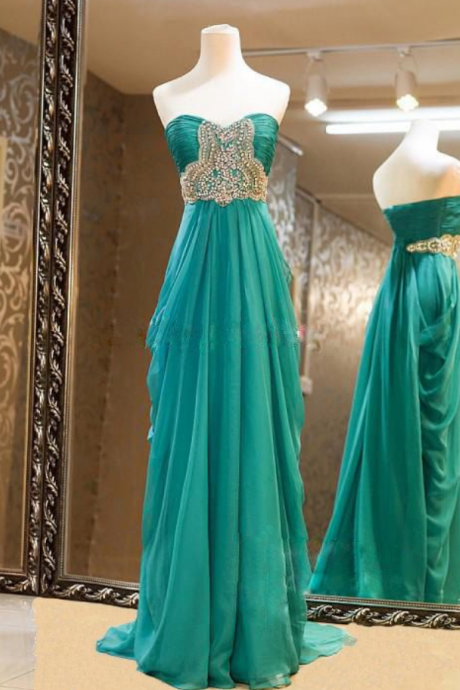 High Quality Chiffon Sweetheart Blue-green Floor Length Prom Dresses With Beadings, Long Prom Dresses, Handmade Formal Dresses, Pd20170706