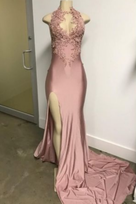 Elegant Halter 2019 Evening Dress | Lace Appliques Prom Dress With Split