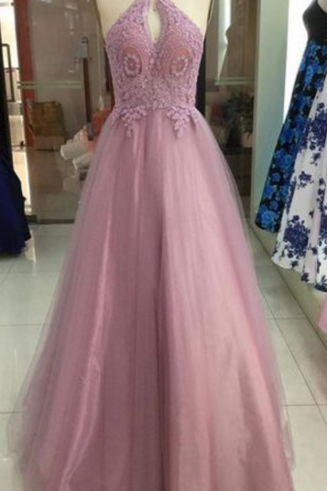Dusty Rose Halter Lace Applique Tulle Backless Beads Long Prom Dress