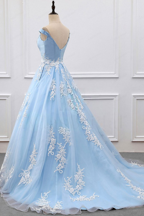  Blue v neck lace tulle long prom dress, blue evening dress