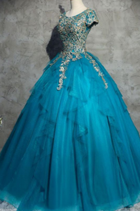  Unique blue tulle lace top round neck winter formal prom dresses, long evening dress with sleeves