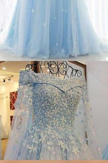  Princess Prom Evening Dresses Long Light Blue Dresses With Lace Up Applique Sweep Train 