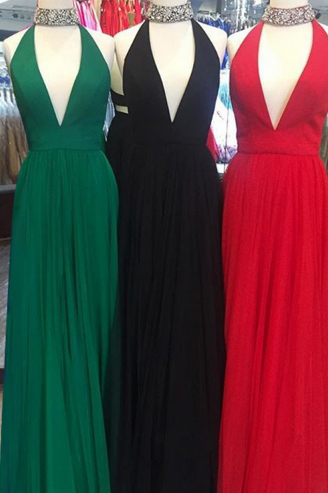 Charming A Line Halter Sleeveless Long Red Prom/evening Dress With Beading