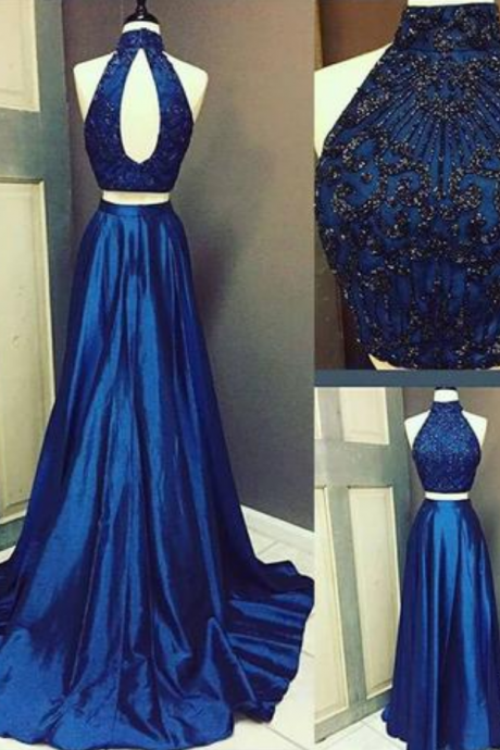  Navy blue high neck long prom dress, two pieces evening dress