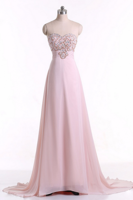 Pink Sweetheart Floor-length A-line Prom Evening Dress With Beaded Embellished Bodice