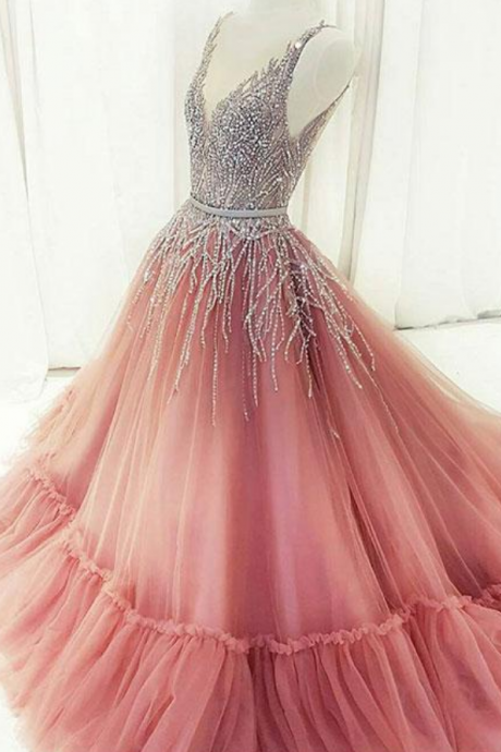 Unique A-line V-neck Pink Tulle Long Prom Evening Dress With Beading
