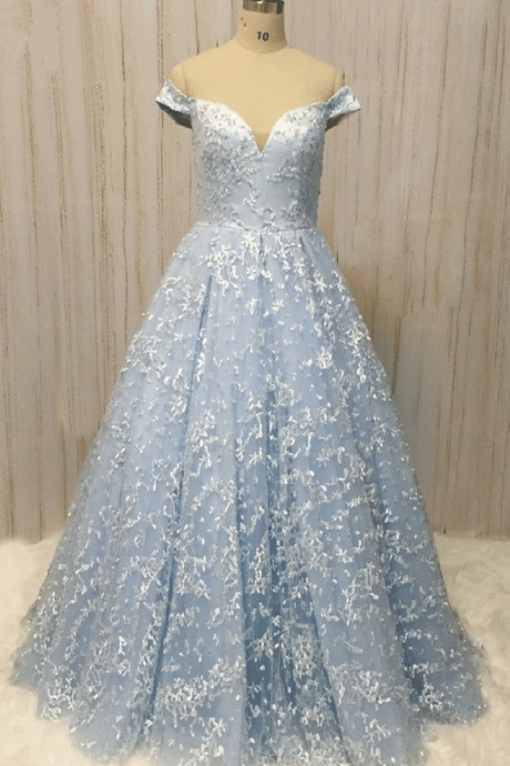 Unique Blue Lace Off Shoulder Long A-line Sweet Prom Dress, Long Lace Evening Dress