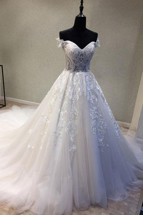 Design White Lace Tulle Sweetheart Neckline Off Shoulder Sweep Train Wedding Dress