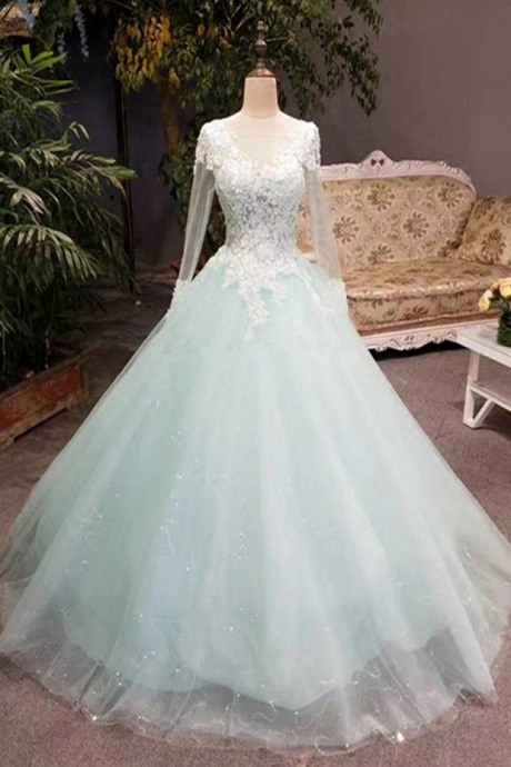  Unique mint tulle long lace top winter prom dress with sleeves