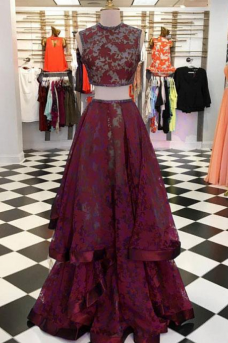  BURGUNDY LACE TWO PIECES LONG PROM DRESS, BURGUNDY EVENING DRESS