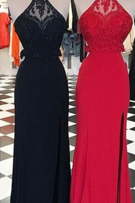 Sexy Prom Dress,sexy Backless Prom Dresses With Beaded,sleeveless Prom Dresses,halter Evening Dress,long Prom Gown