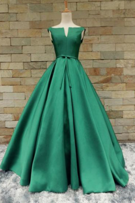 Green Satin Long V Neckline Senior Prom Dress With Bowkno
