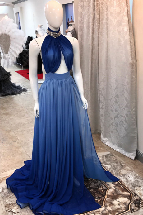 Backless Navy Blue A Line Elegant Sexy Formal Dresses Beaded Women Prom Dresses 2018