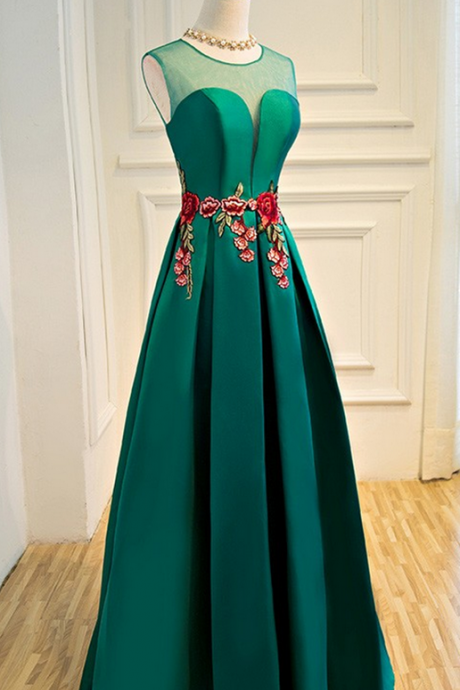 A Line Dark Green Evening Dress,embroidery Prom Dress,dark Green Satin Prom Dresses