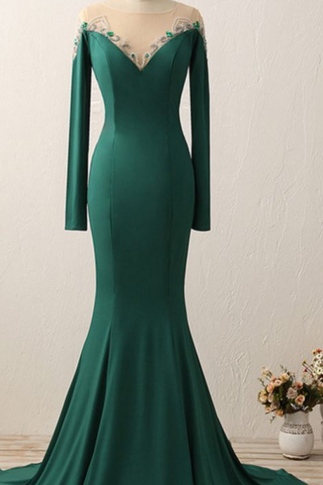 Mermaid Long Sleeves Green Evening Dress,sexy Illusion Back Dark Green Formal Party Dress
