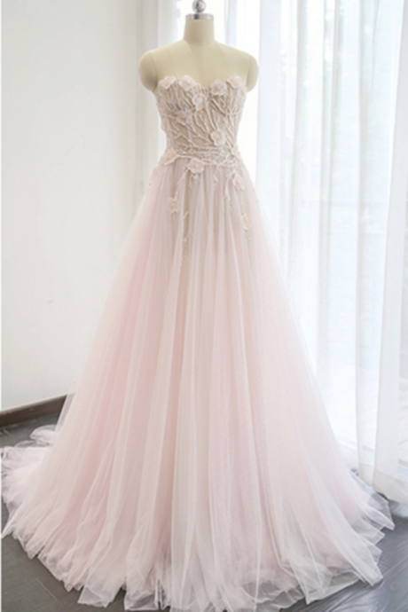 Princess Pink Lace Appliques Long A-line Bridal Dress, Pink Train Evening Dress