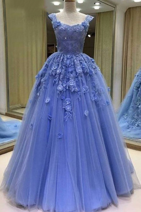 Blue Tulle Sweetheart Prom Dress, 3d Lace Appliques Evening Dress, Floor Length Evening Dress