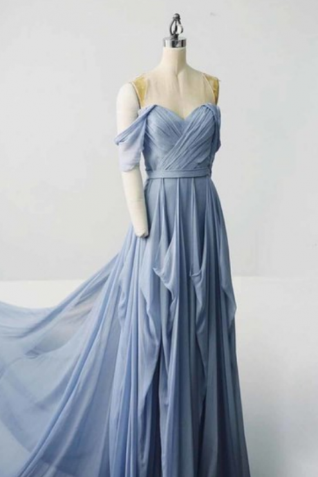  Sweetheart blue chiffon long customize prom dress, off shoulder evening dress