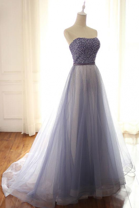 Stylish A-line Sweetheart Prom Dress,tulle Long Evening Dresses With Beading,evening Dress,custom Made