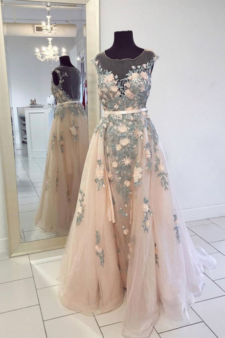  CHAMPAGNE ROUND NECK TULLE LACE LONG PROM DRESS, CHAMPAGNE EVENING DRESS