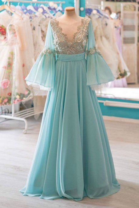 Unique V Neck Chiffon Lace Long Prom Dress, Evening Dress