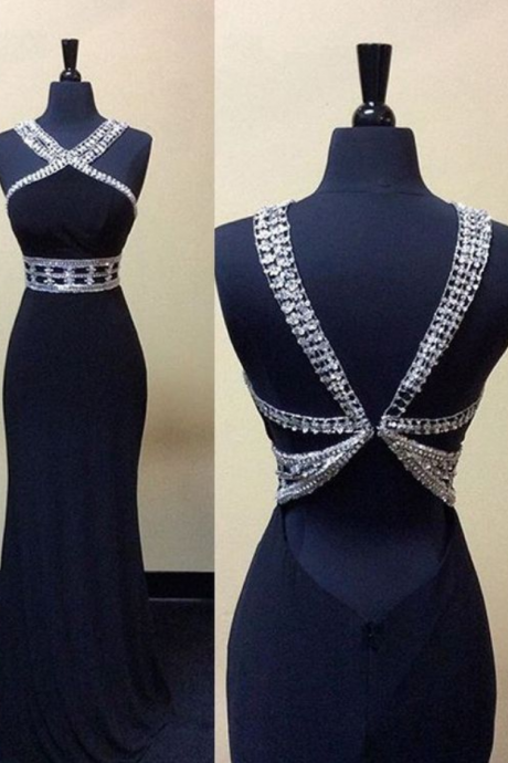  Sexy Mermaid Long Beaded Backless Prom dress-Navy Blue Sleeveless Prom dress,Custom Made,Party Gown,Cheap Evening dress