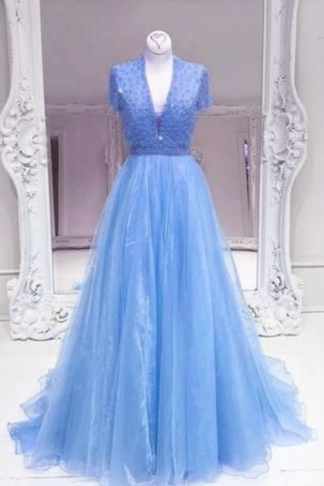 Cap Sleeves V Neck Long Organza Blue Crystal Prom Dresses Ball Gowns,A Line Sky Blue Long Organza Evening Gown ,Custom Made,Party Gown,Cheap Evening dress