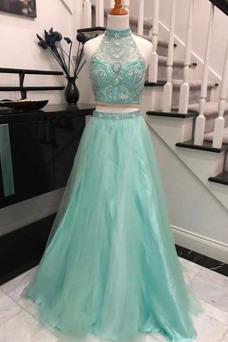 Elegant 2 Pieces Sky Blue Backless Prom Dress,halter Prom Dresses With Beading, Evening Dress,custom Made,party Gown