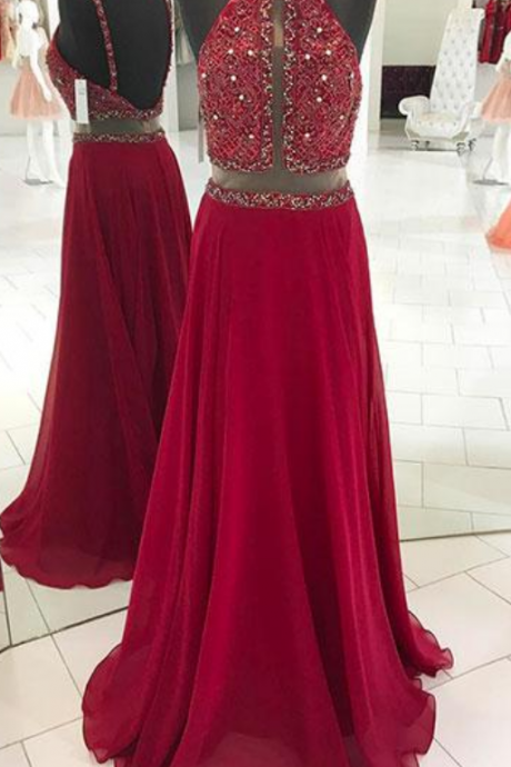 Burgundy Red Backless Beads Long Prom Dress, Red Evening Dress