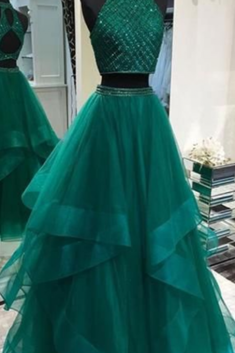  Sexy prom dress Two Pieces evening dress Emerald Green party dress Open Back Evening Prom Dresses, Cheap Custom Sweet 16 Dresses,