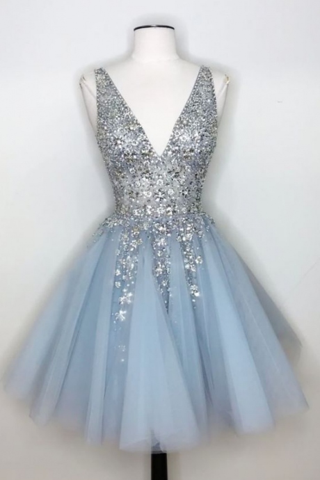 V-neck Light Sky Blue Homecoming Dress With Sequins