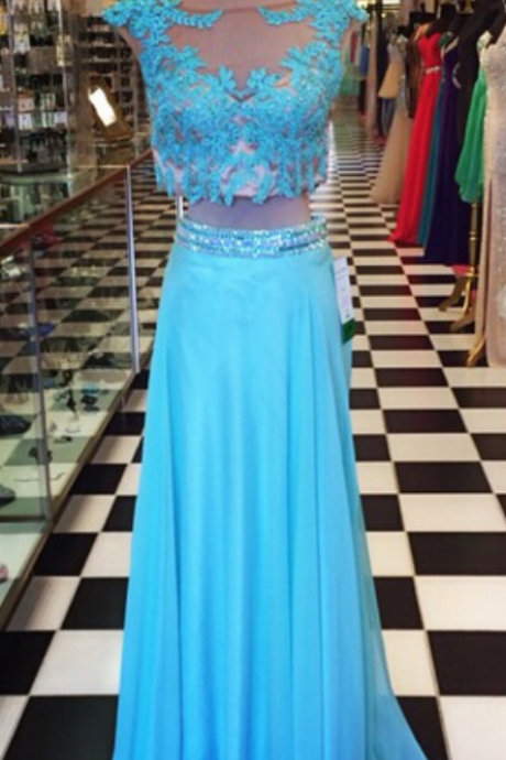 A Line Turquoise Prom Dresses Two Pieces Lace Beaded Crystals Pleat Evening Party Dresses Gowns Vestidos,graduation Dresses,wedding Guest Prom