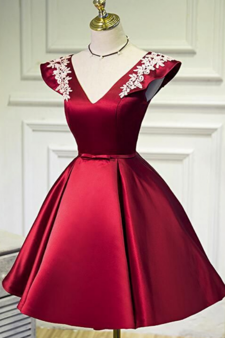  Wine Red Cap Sleeves Short Party Dresses, Satin Formal Dresses, Cute Party Dresses